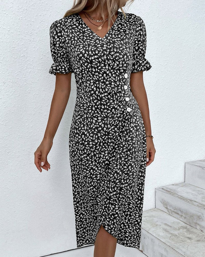Agnes │ Women's Floral V-Neck Short Sleeve Button Detail Midi Dress