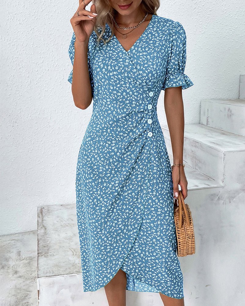Agnes │ Women's Floral V-Neck Short Sleeve Button Detail Midi Dress