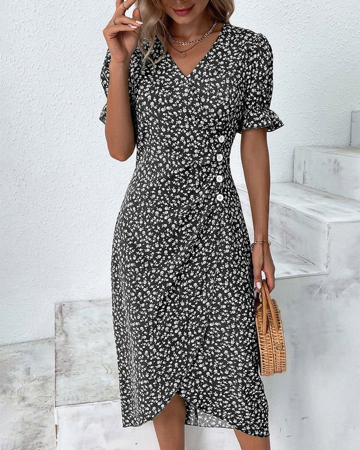 Agnes │ Women's Floral V-Neck Short Sleeve Button Detail Midi Dress