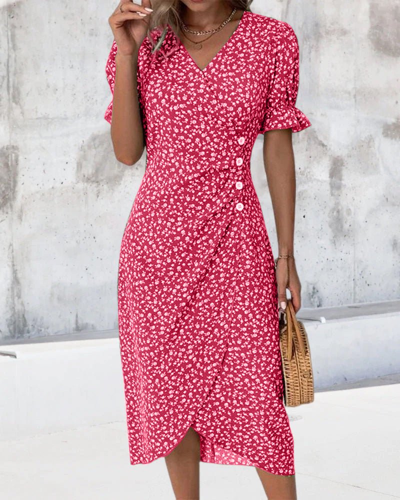 Agnes │ Women's Floral V-Neck Short Sleeve Button Detail Midi Dress