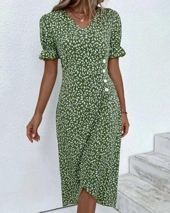 Agnes │ Women's Floral V-Neck Short Sleeve Button Detail Midi Dress