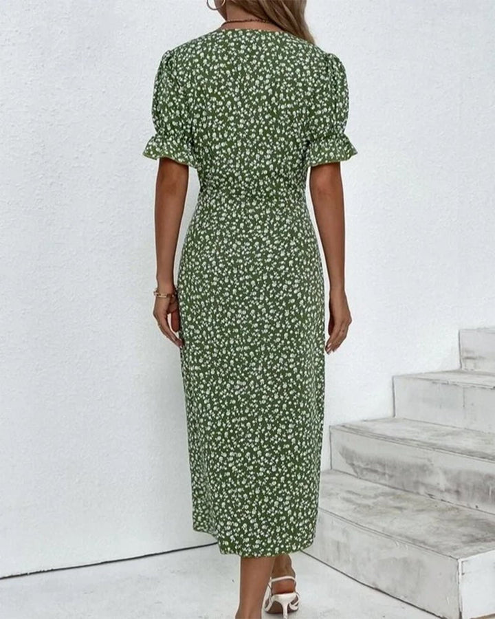 Agnes │ Women's Floral V-Neck Short Sleeve Button Detail Midi Dress