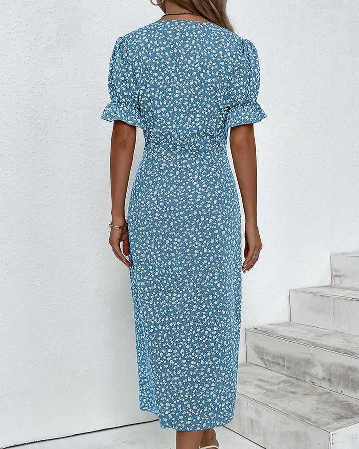 Agnes │ Women's Floral V-Neck Short Sleeve Button Detail Midi Dress