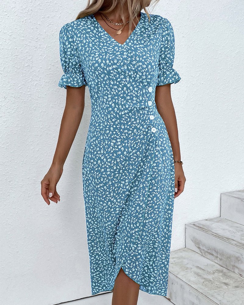 Agnes │ Women's Floral V-Neck Short Sleeve Button Detail Midi Dress