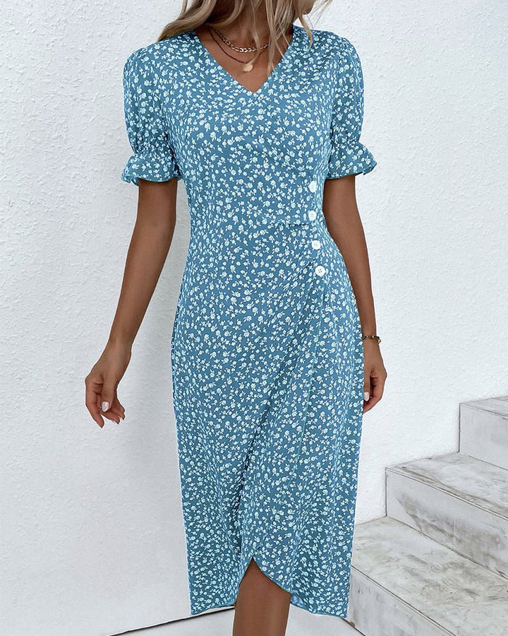 Agnes │ Women's Floral V-Neck Short Sleeve Button Detail Midi Dress