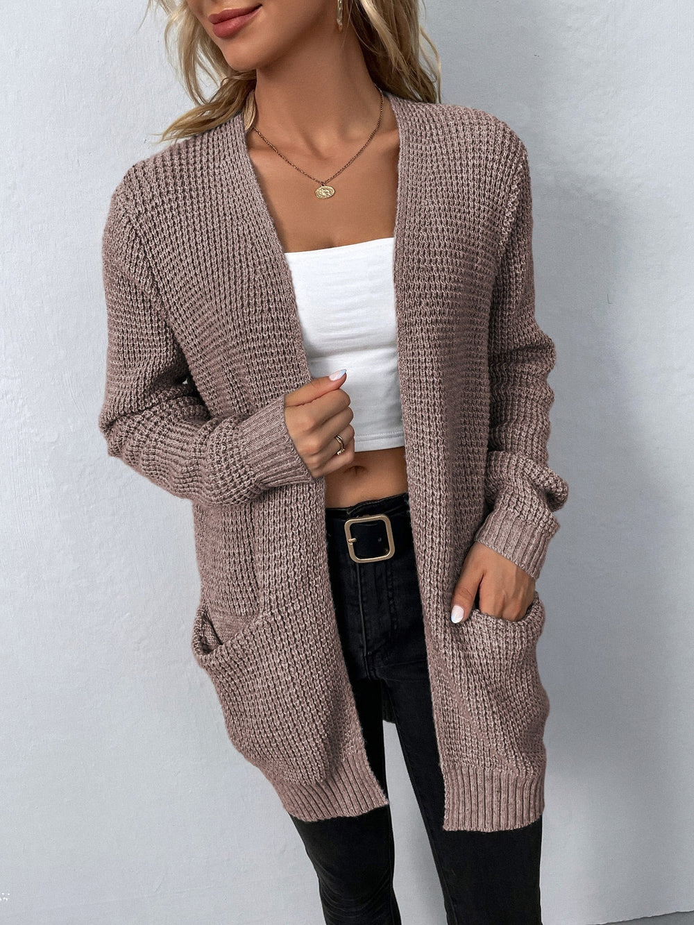 Emily | Women's Open Front Waffle Knit Long Sleeve Cardigan