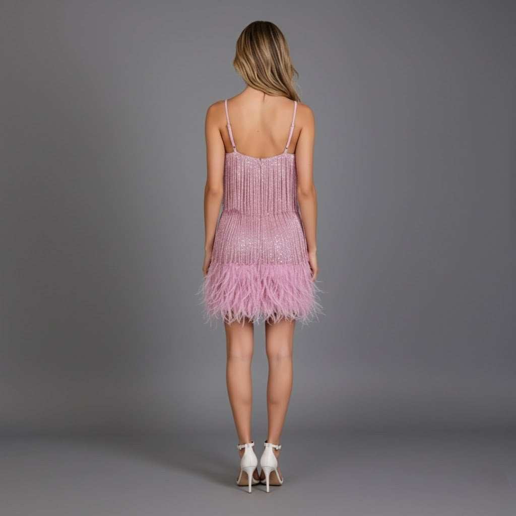 Aurelie │ Women's Beaded Fringe Mini Dress With Feather Hem And Spaghetti Straps