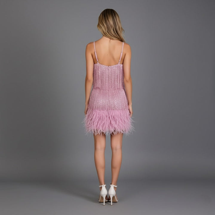 Aurelie │ Women's Beaded Fringe Mini Dress With Feather Hem And Spaghetti Straps