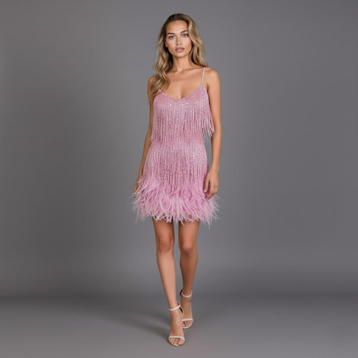 Aurelie │ Women's Beaded Fringe Mini Dress With Feather Hem And Spaghetti Straps