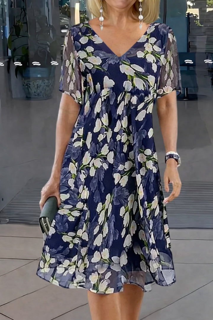 Seraphina │ Women's Floral Print V-Neck A-Line Midi Dress With Flutter Sleeves