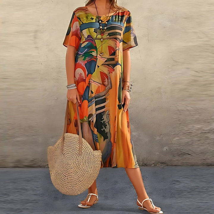 Wisteria │ Women's Abstract Print Short Sleeve Casual Maxi Dress