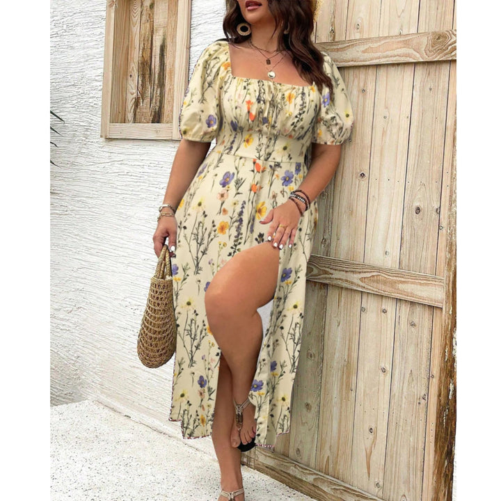 Camille │ Women's Plus Size Floral Puff Sleeve Square Neck Midi Dress With Side Slit