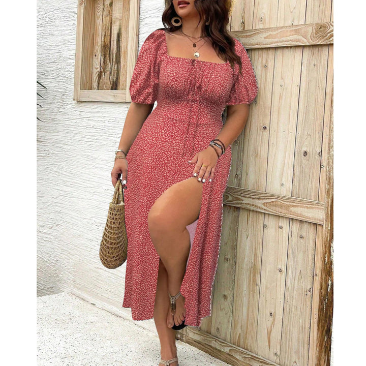 Camille │ Women's Plus Size Floral Puff Sleeve Square Neck Midi Dress With Side Slit