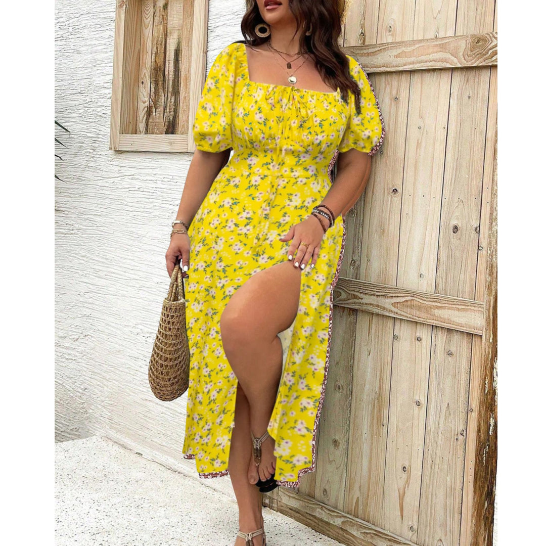 Camille │ Women's Plus Size Floral Puff Sleeve Square Neck Midi Dress With Side Slit