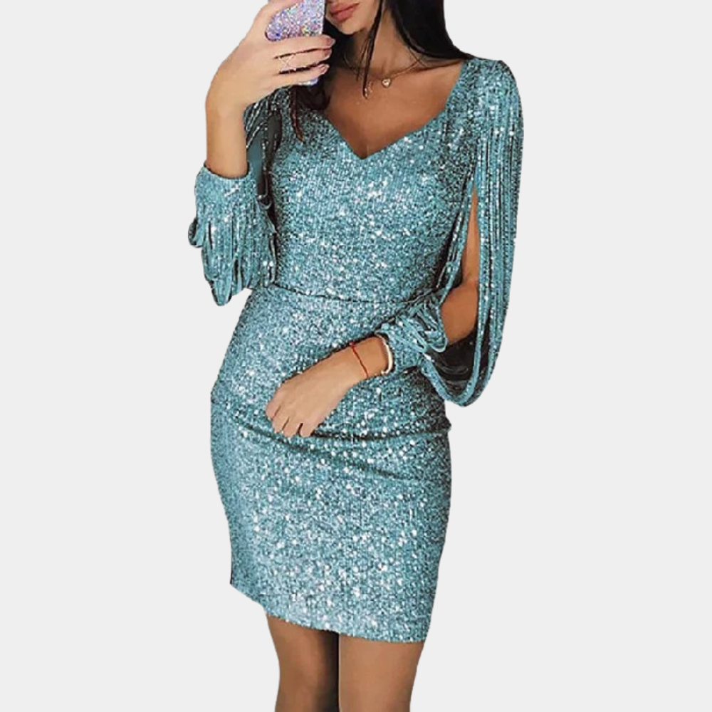 Sequin dress with V-neck and stylish sleeves - Celeste-Green-S-State of Style