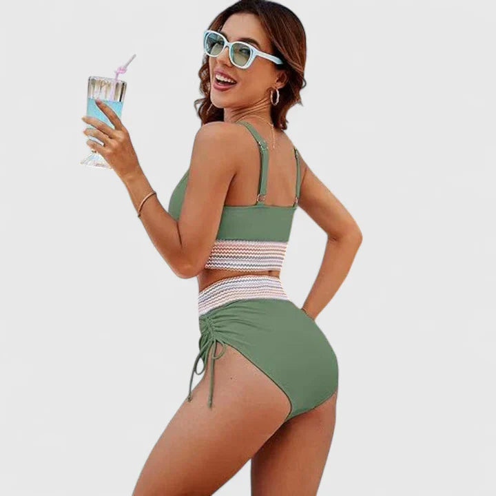Edith │ Women's Deep V-Neck High Waist Bikini Swimwear With Mesh Panel
