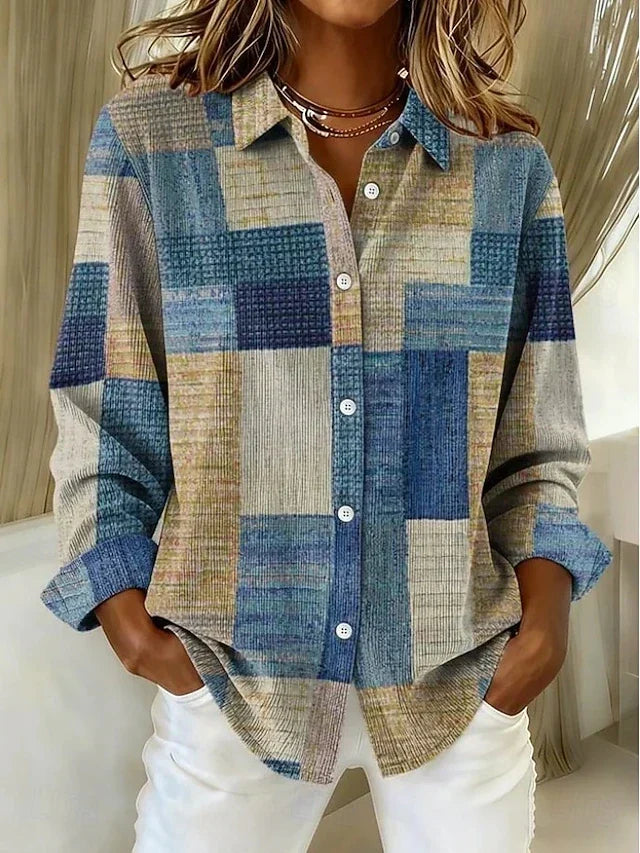 Sheila │ Women's Patchwork Print Spread Collar Button Front Blouse