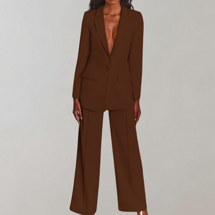 Stylish Blazer and Trouser Set - Elena-Coffee-S-State of Style