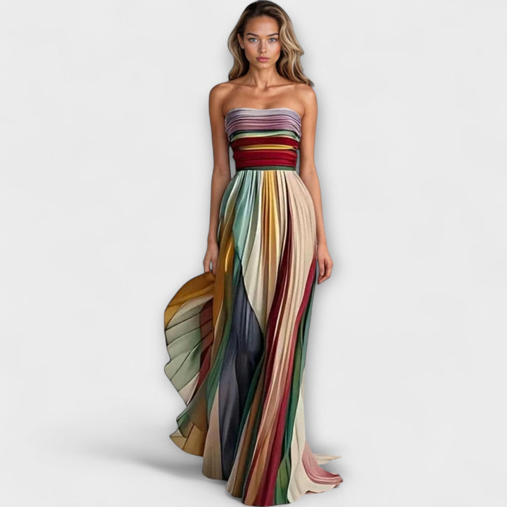 Zephyrine │ Women's Striped Strapless Pleated Maxi Dress With Fitted Bodice