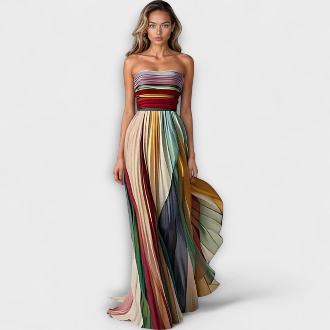 Zephyrine │ Women's Striped Strapless Pleated Maxi Dress With Fitted Bodice