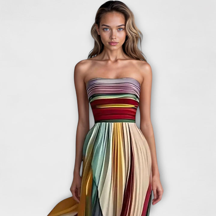 Zephyrine │ Women's Striped Strapless Pleated Maxi Dress With Fitted Bodice