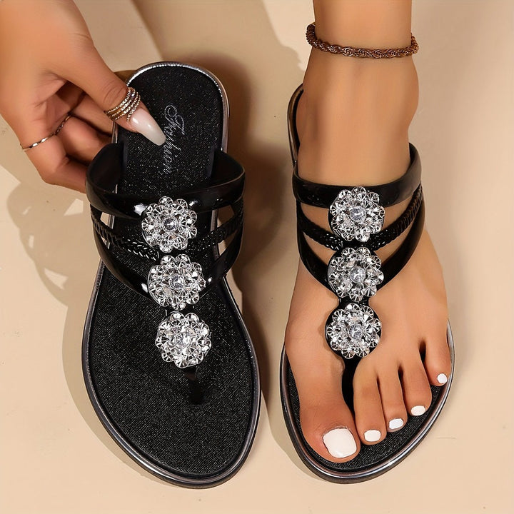 Vivienne │ Women's Flat Toe Post Sandals With Rhinestone Embellishment