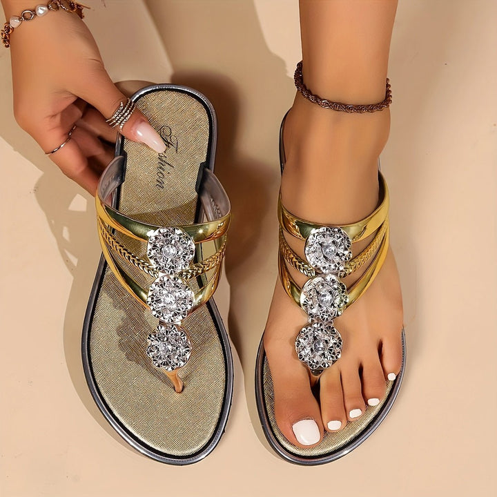 Vivienne │ Women's Flat Toe Post Sandals With Rhinestone Embellishment