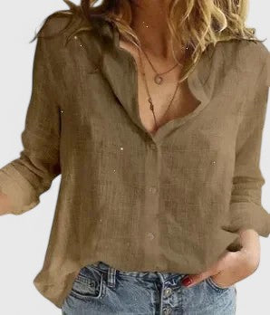 Sheila │ Women's Linen V-Neck Button Front Long Sleeve Blouse
