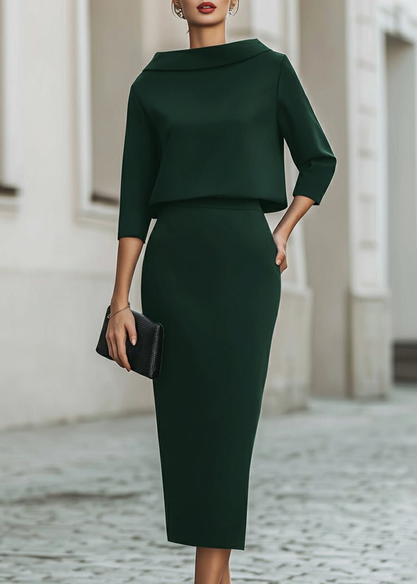 Ottoline │ Women's Crepe Boat Neck Top And Pencil Skirt Two-Piece Set With Three-Quarter Sleeves