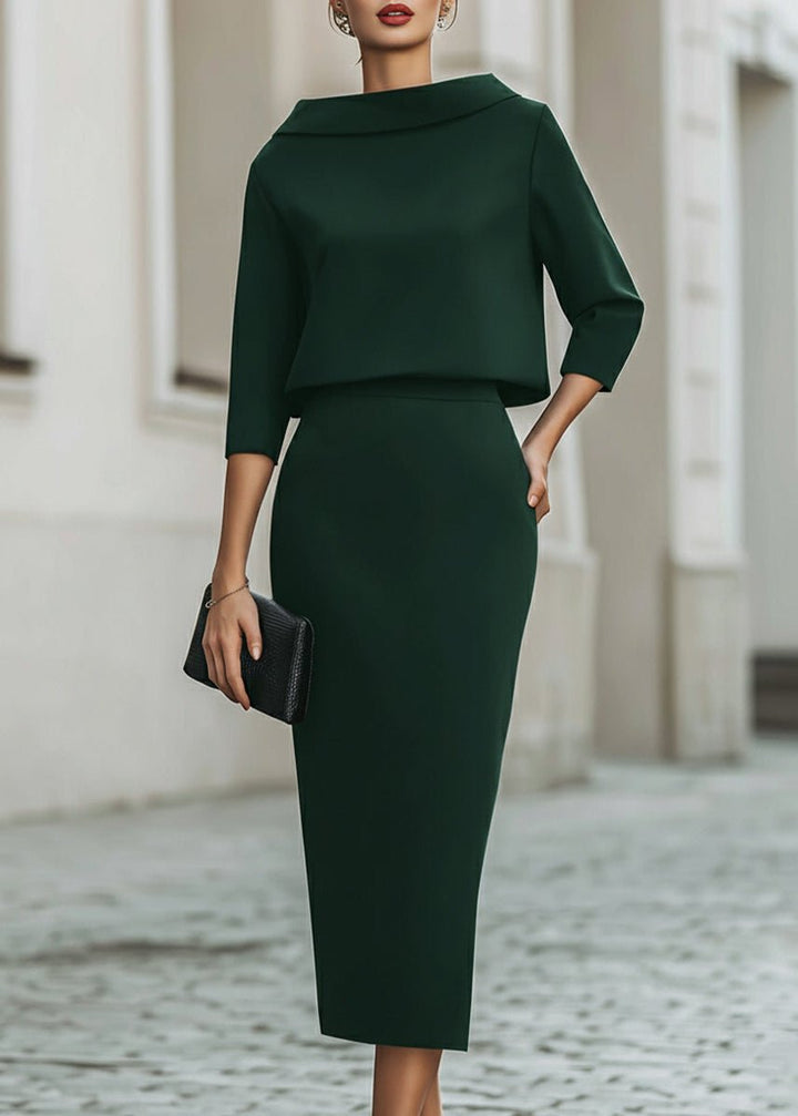 Ottoline │ Women's Crepe Boat Neck Top And Pencil Skirt Two-Piece Set With Three-Quarter Sleeves