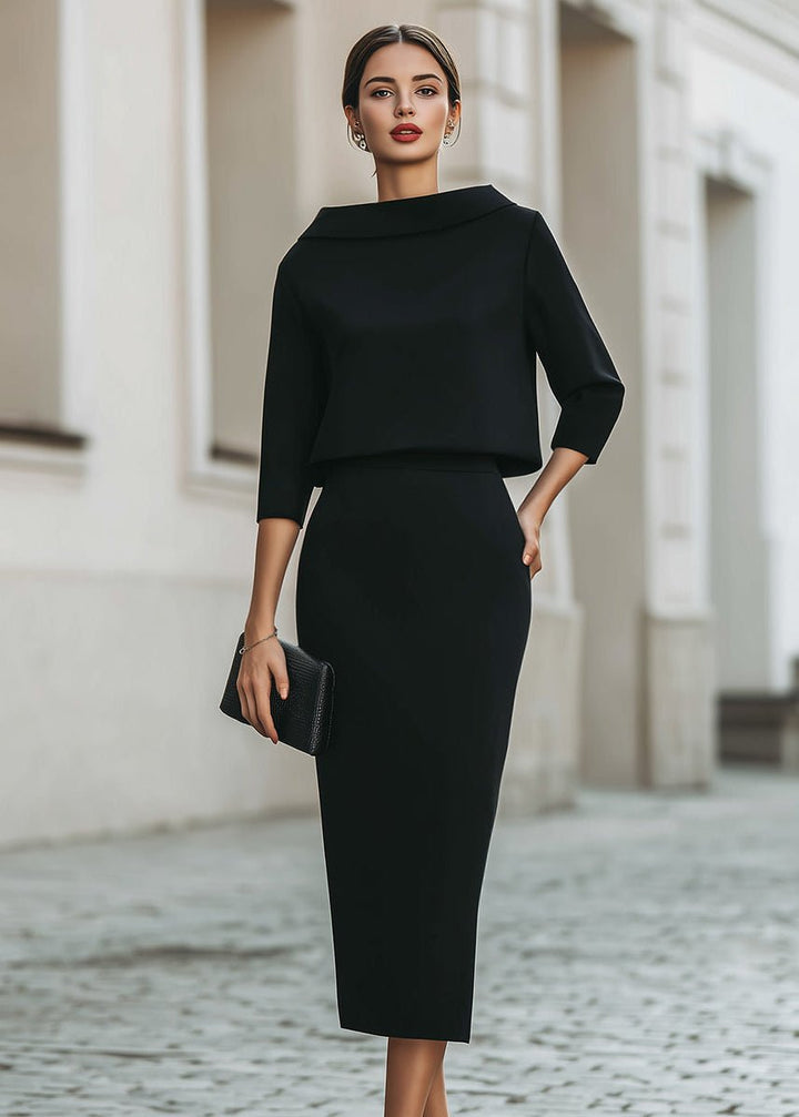 Ottoline │ Women's Crepe Boat Neck Top And Pencil Skirt Two-Piece Set With Three-Quarter Sleeves