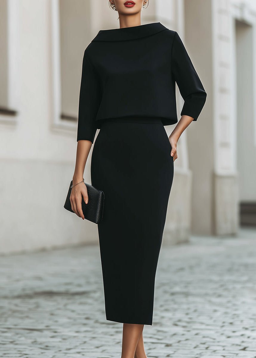 Ottoline │ Women's Crepe Boat Neck Top And Pencil Skirt Two-Piece Set With Three-Quarter Sleeves