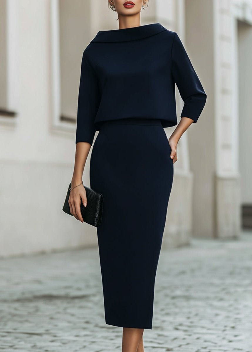 Ottoline │ Women's Crepe Boat Neck Top And Pencil Skirt Two-Piece Set With Three-Quarter Sleeves