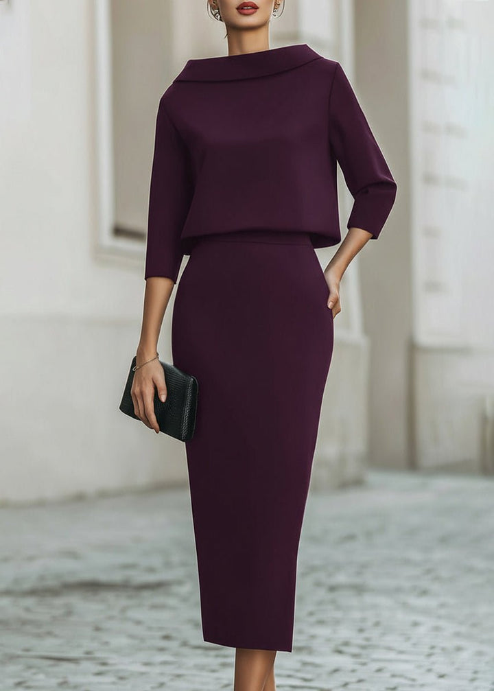 Ottoline │ Women's Crepe Boat Neck Top And Pencil Skirt Two-Piece Set With Three-Quarter Sleeves