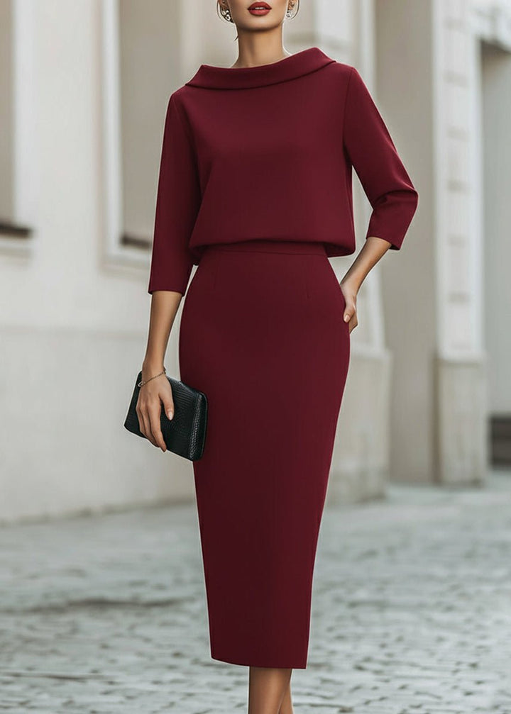 Ottoline │ Women's Crepe Boat Neck Top And Pencil Skirt Two-Piece Set With Three-Quarter Sleeves