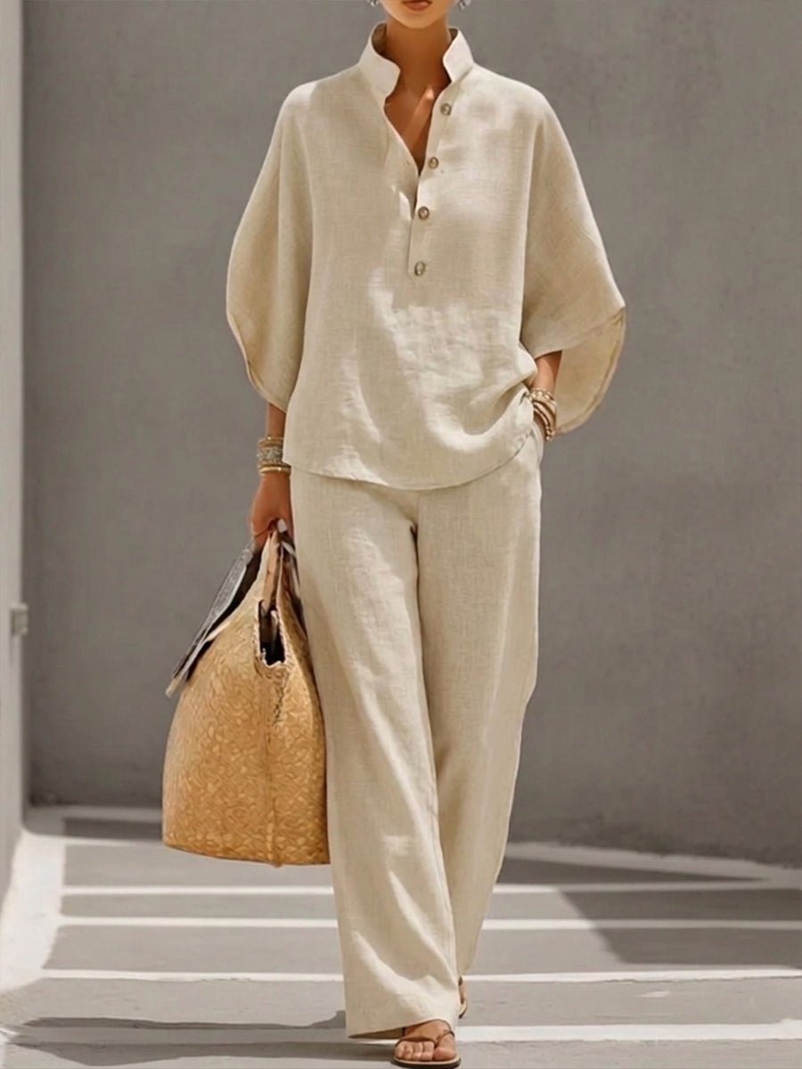 Lavinia │ Women's Linen Batwing Sleeve Top And Wide-Leg Trousers Two-Piece Set