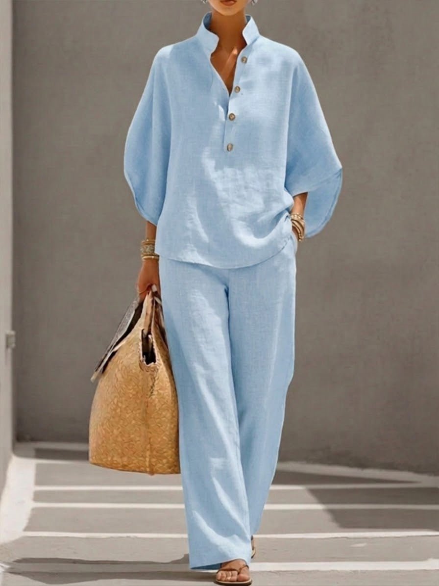 Lavinia │ Women's Linen Batwing Sleeve Top And Wide-Leg Trousers Two-Piece Set