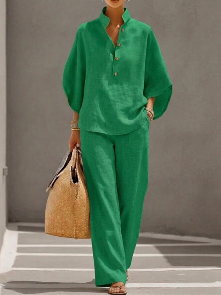 Lavinia │ Women's Linen Batwing Sleeve Top And Wide-Leg Trousers Two-Piece Set