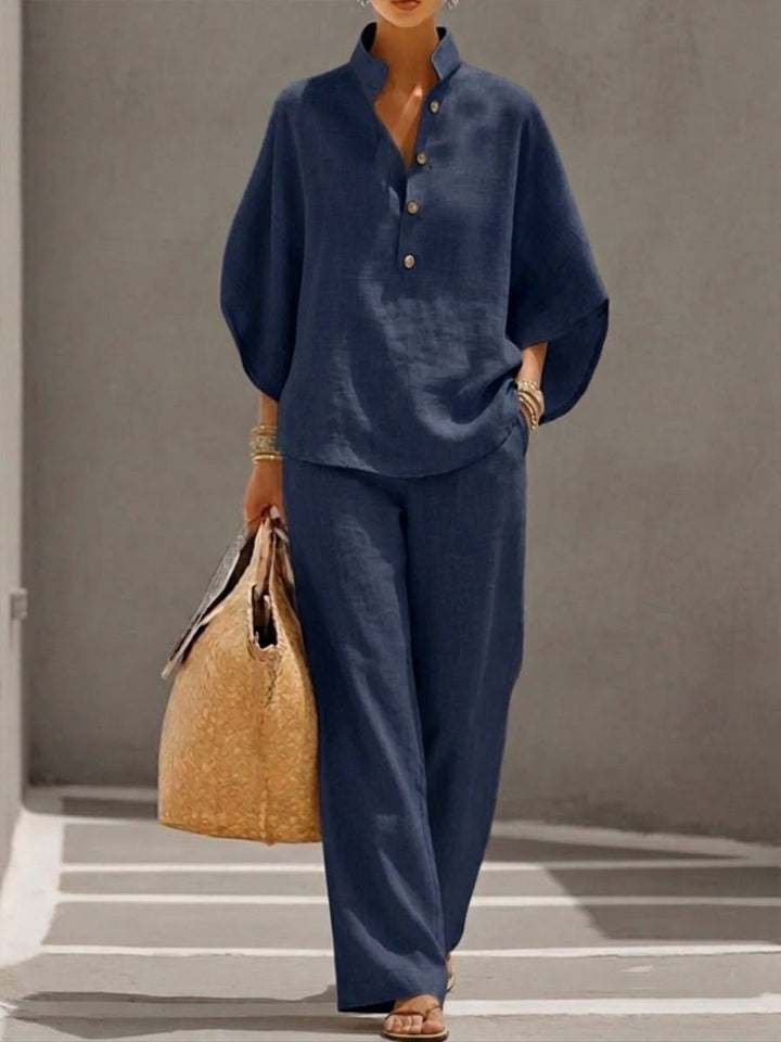 Lavinia │ Women's Linen Batwing Sleeve Top And Wide-Leg Trousers Two-Piece Set