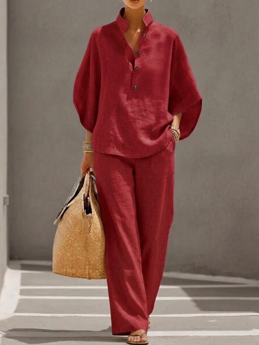Lavinia │ Women's Linen Batwing Sleeve Top And Wide-Leg Trousers Two-Piece Set