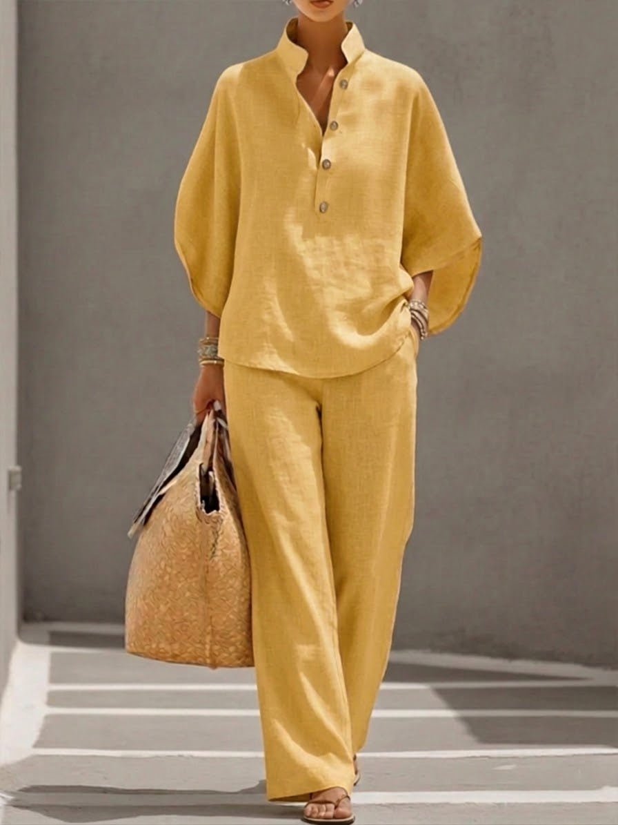 Lavinia │ Women's Linen Batwing Sleeve Top And Wide-Leg Trousers Two-Piece Set