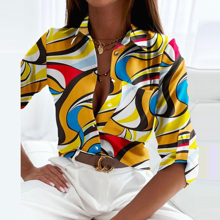 Susan │ Women's Abstract Letter Print Shirt Collar Long Sleeve Blouse