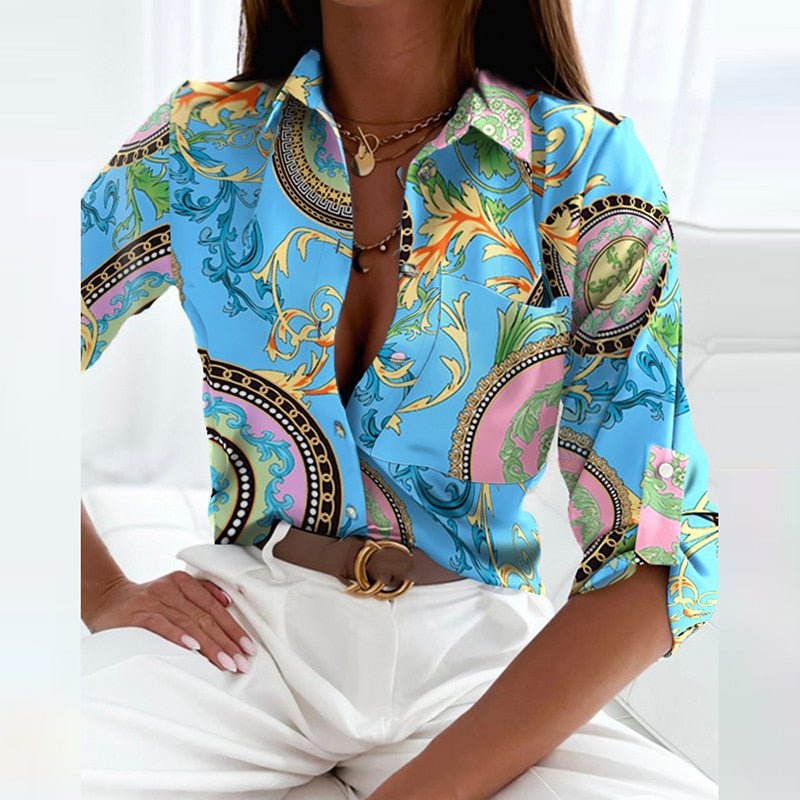 Susan │ Women's Abstract Letter Print Shirt Collar Long Sleeve Blouse