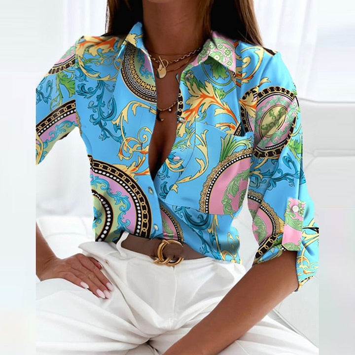 Susan │ Women's Abstract Letter Print Shirt Collar Long Sleeve Blouse