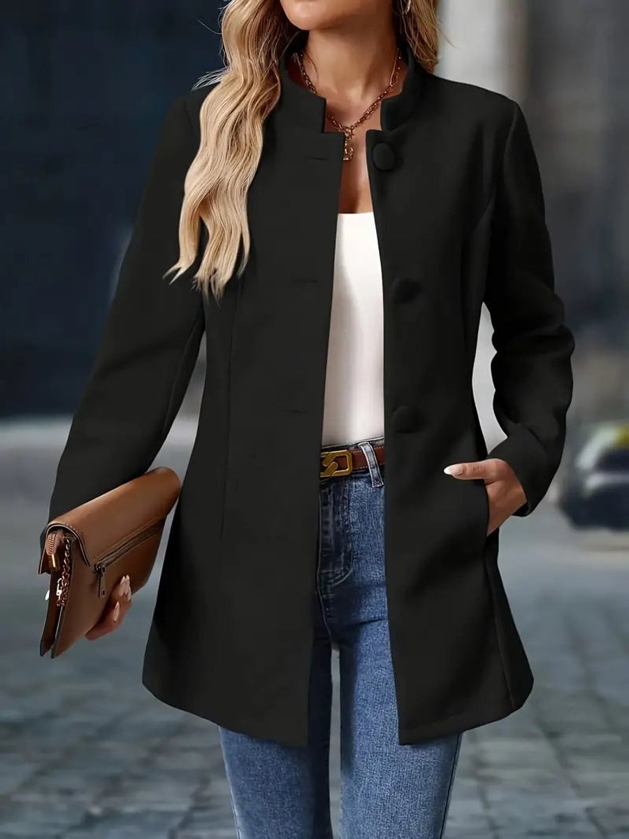 Women Coat Stand Collar Button-Front Longline Blazer Jacket