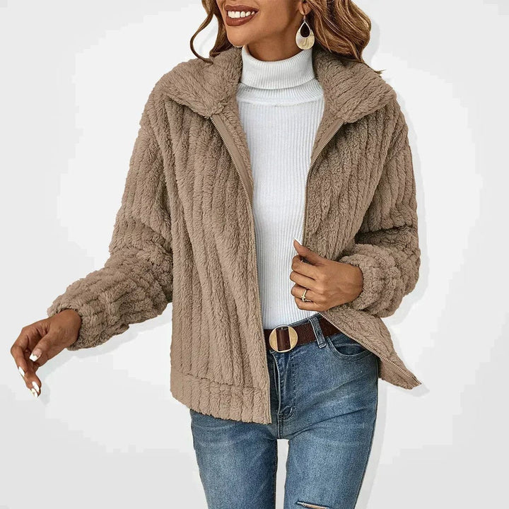 Hannah │ Women's Fluffy Jacket With Zip Front And Wide Lapel Collar