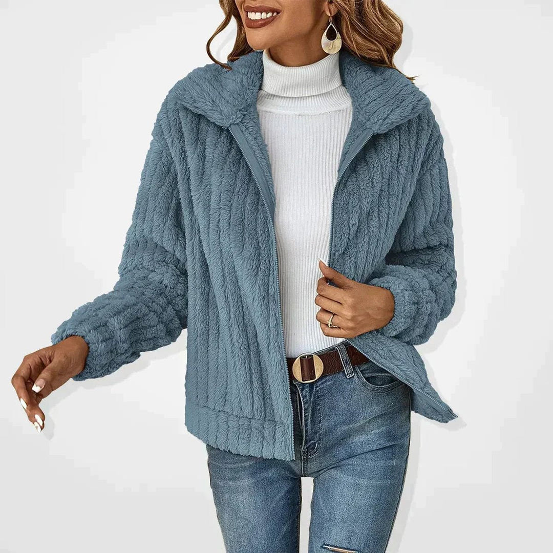 Hannah │ Women's Fluffy Jacket With Zip Front And Wide Lapel Collar