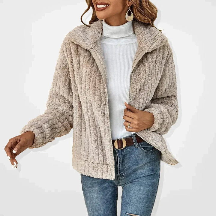 Hannah │ Women's Fluffy Jacket With Zip Front And Wide Lapel Collar