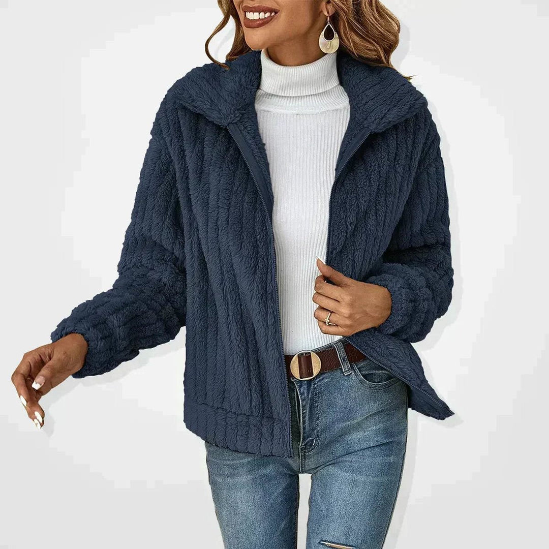 Hannah │ Women's Fluffy Jacket With Zip Front And Wide Lapel Collar