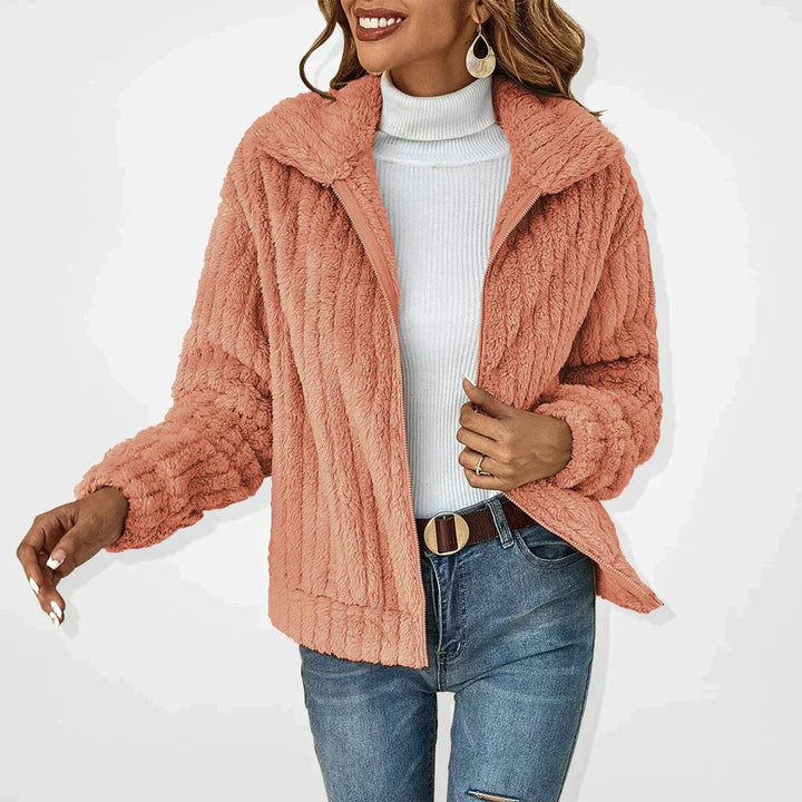 Hannah │ Women's Fluffy Jacket With Zip Front And Wide Lapel Collar